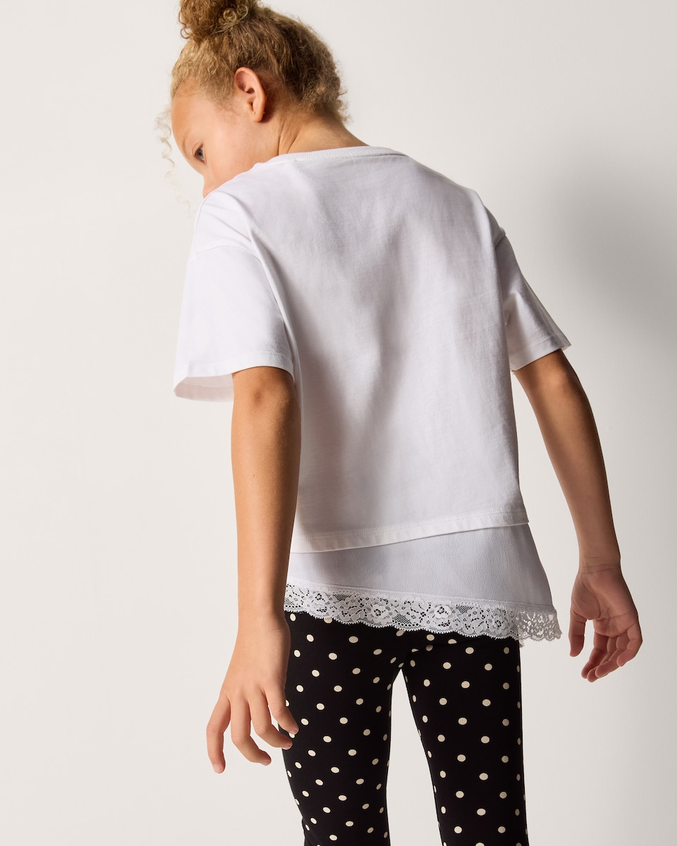 image 1 of F&F Girls Pure Cotton Lace Hem T-Shirt in White