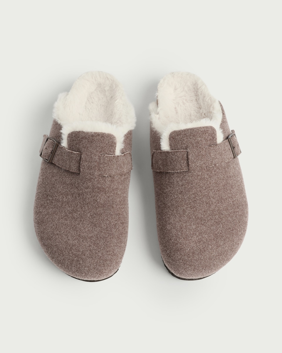 image 1 of F&F Faux Fur Lined Buckle Mule Slippers in Mink