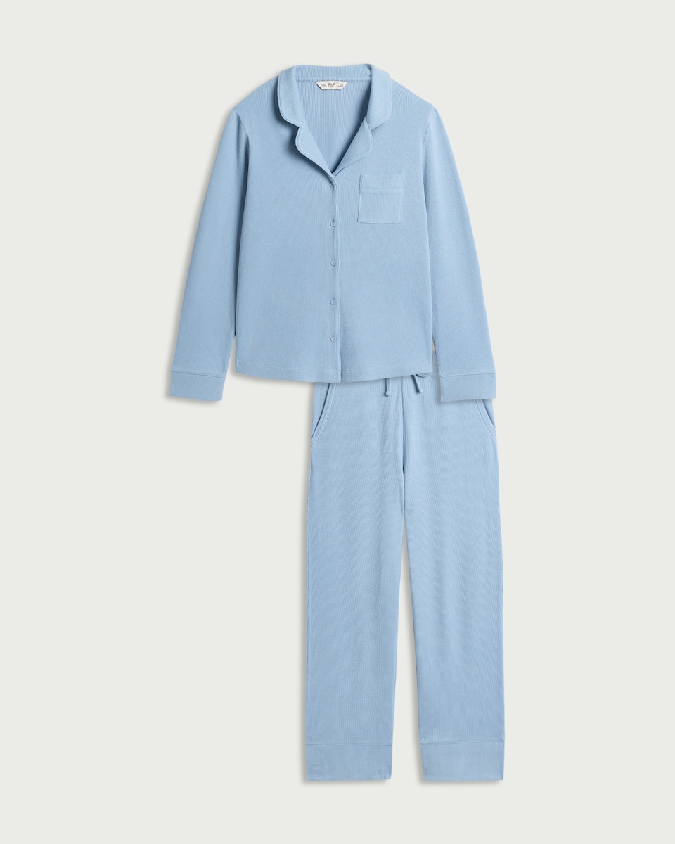 image 1 of F&F Waffle Textured Revere Pyjama Set in Blue