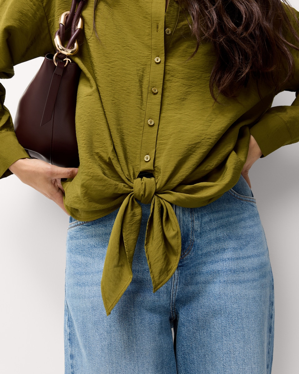 image 1 of F&F Knot Front Shirt in Olive
