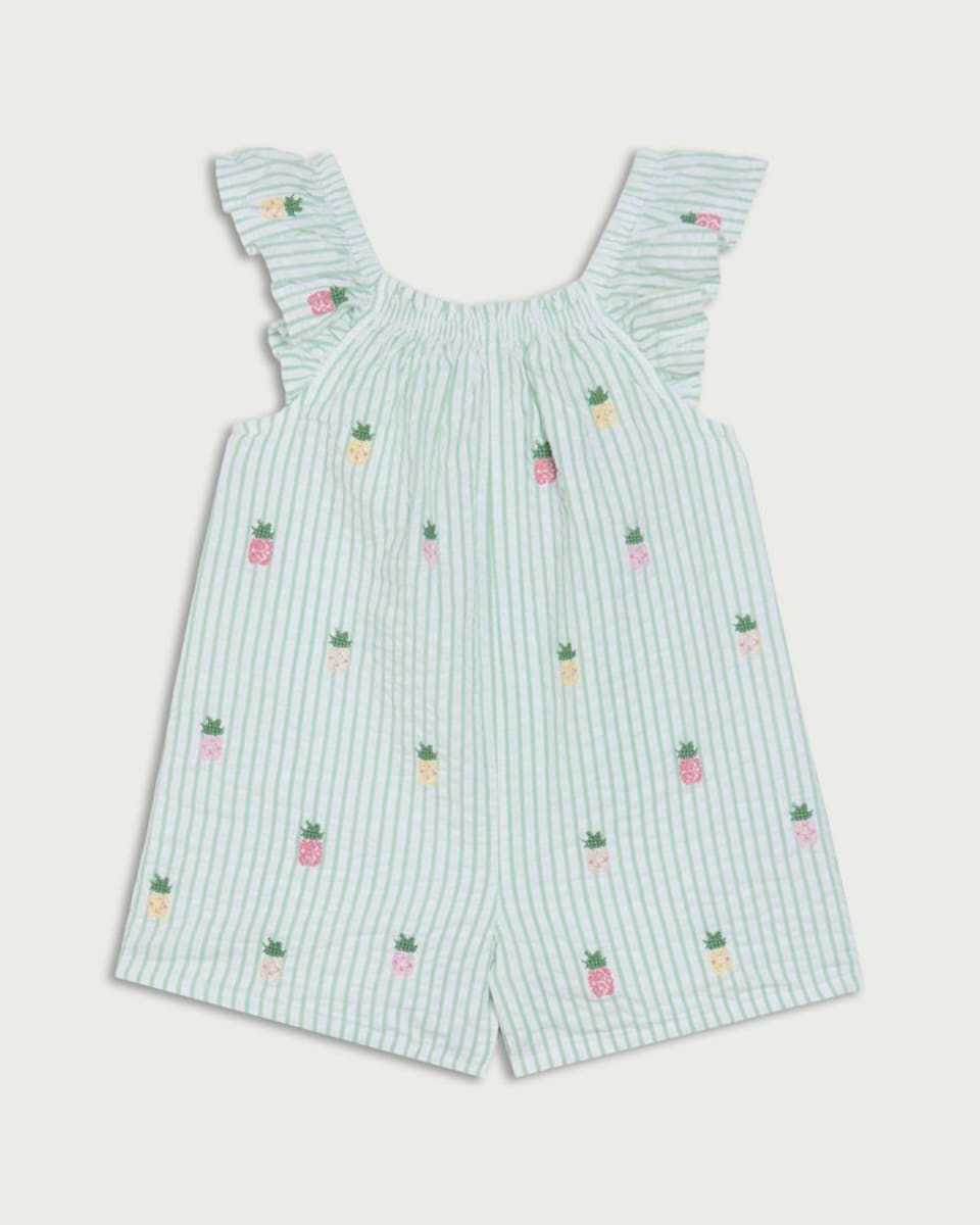 image 1 of F&F Baby Pure Cotton Striped Pineapple Embroidered Romper in Green