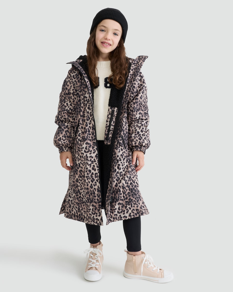 image 1 of F&F Active Girls Leopard Print Hooded Waterproof Coat in Multi Brown