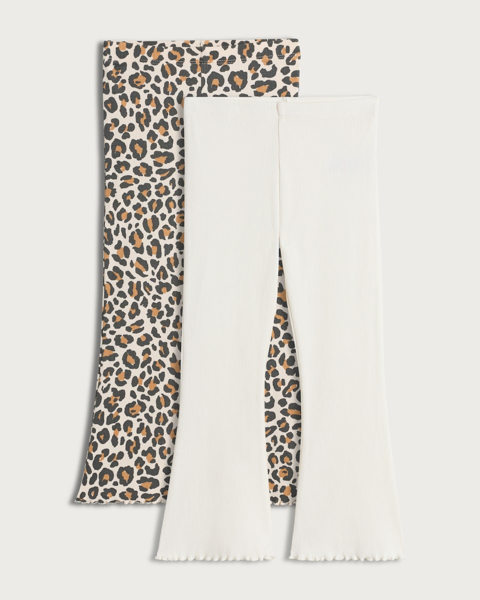 image 1 of F&F Girls 2-Pack Cotton Rich Ribbed Flared Leggings in Multi Brown