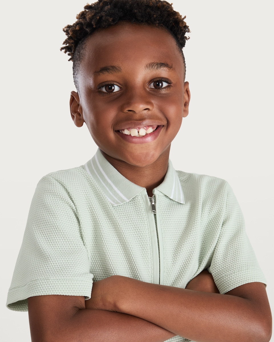 image 1 of F&F Boys Cotton Rich Textured Striped Polo Shirt in Mint