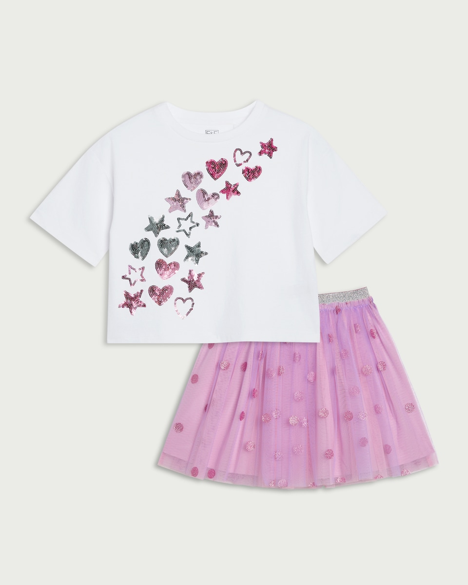 image 1 of F&F Girls 2-Piece Sequin T-Shirt and Tulle Skirt Set in Lilac