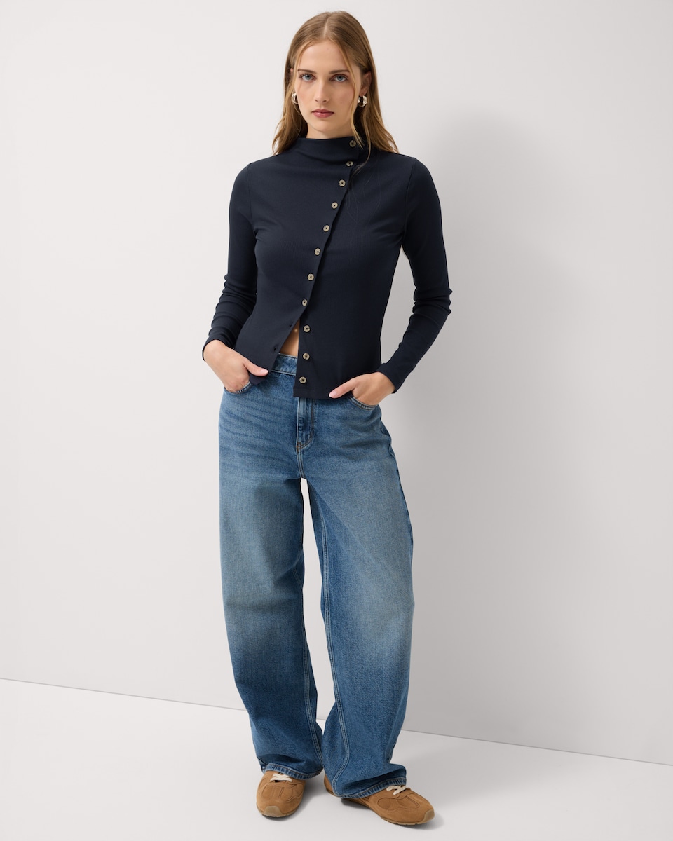 image 1 of F&F High Neck Asymmetric Button Top in Navy