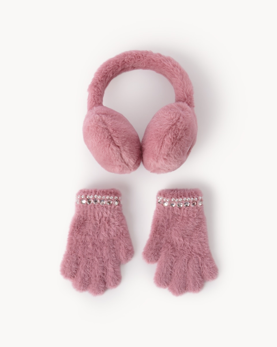 image 1 of F&F Girls Faux Fur Earmuffs and Gloves Set in Pink
