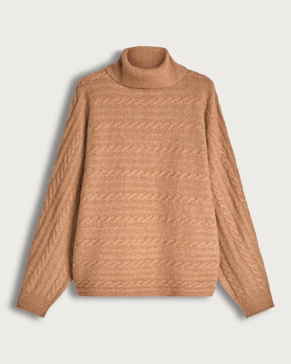 image 1 of F&F Cable Knit Roll Neck Batwing Jumper with Wool in Camel