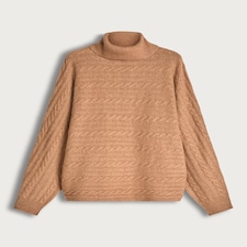 F&F Cable Knit Roll Neck Batwing Jumper with Wool in Camel