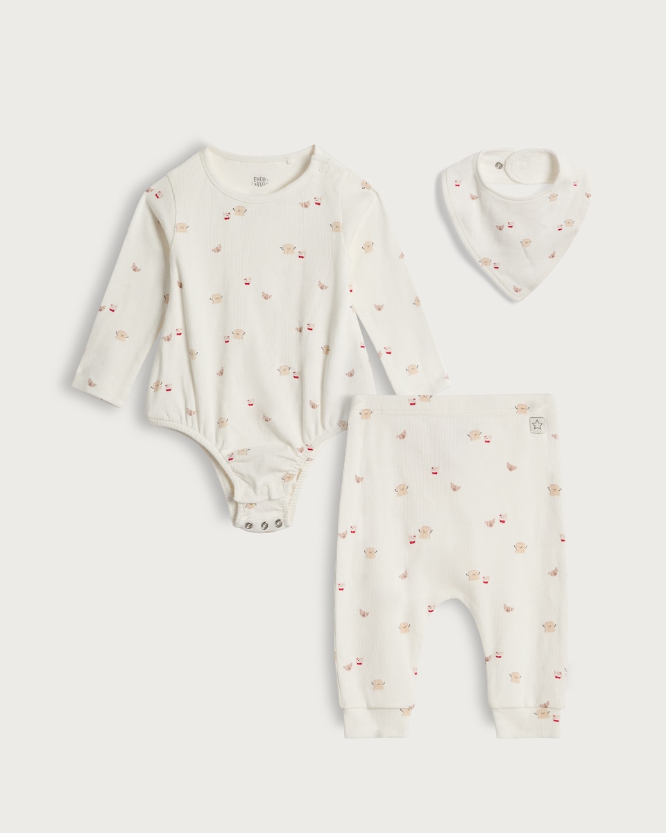 image 1 of F&F Baby 3-Piece Cotton Rich Animal Print Bodysuit, Legging and Bib Set in White