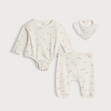 F&F Baby 3-Piece Cotton Rich Animal Print Bodysuit, Legging and Bib Set in White