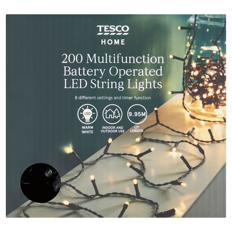 image 1 of Tesco 200 Battery Warm White Timer Christmas Lights