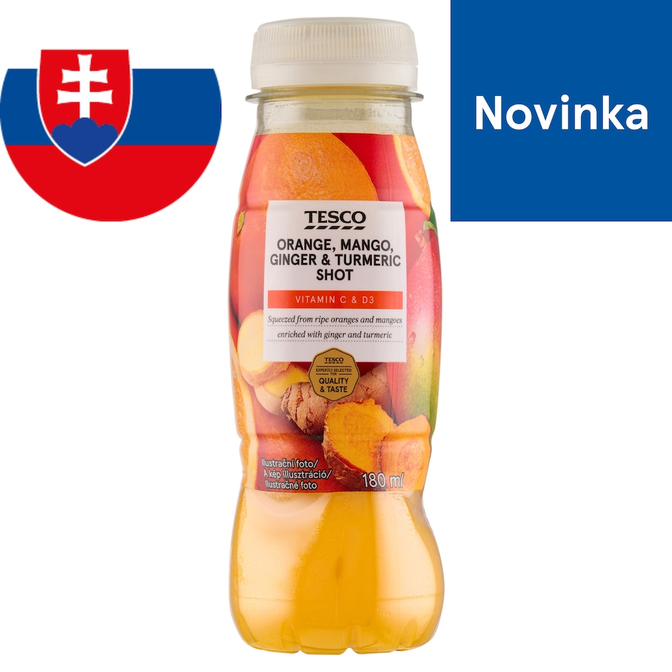 Tesco Nesýtený ovocný nápoj s pomarančovou šťavou, mangom, zázvorom, kurkumou 180 ml	