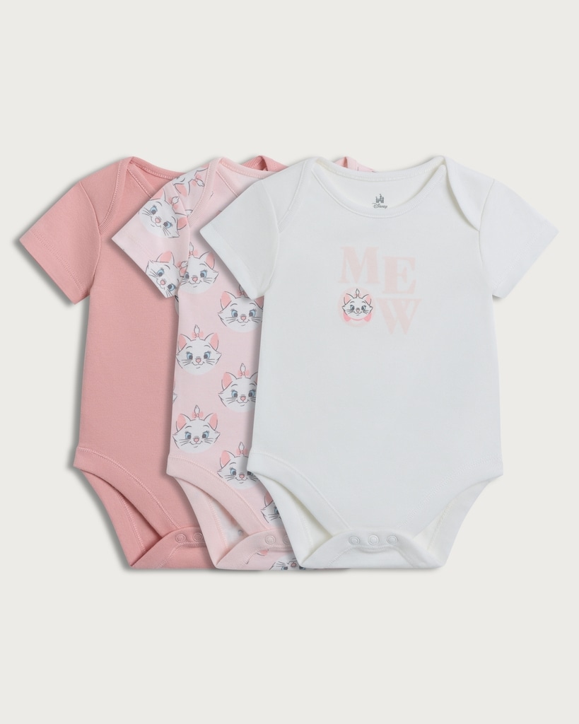 Disney Aristocats 3-Pack Pure Cotton Marie Short Sleeved Bodysuits in Pink