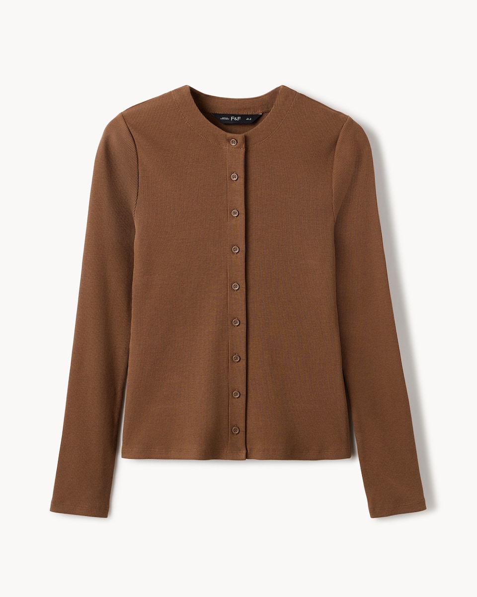 image 1 of F&F Cotton Rich Ribbed Button Up Top in Brown
