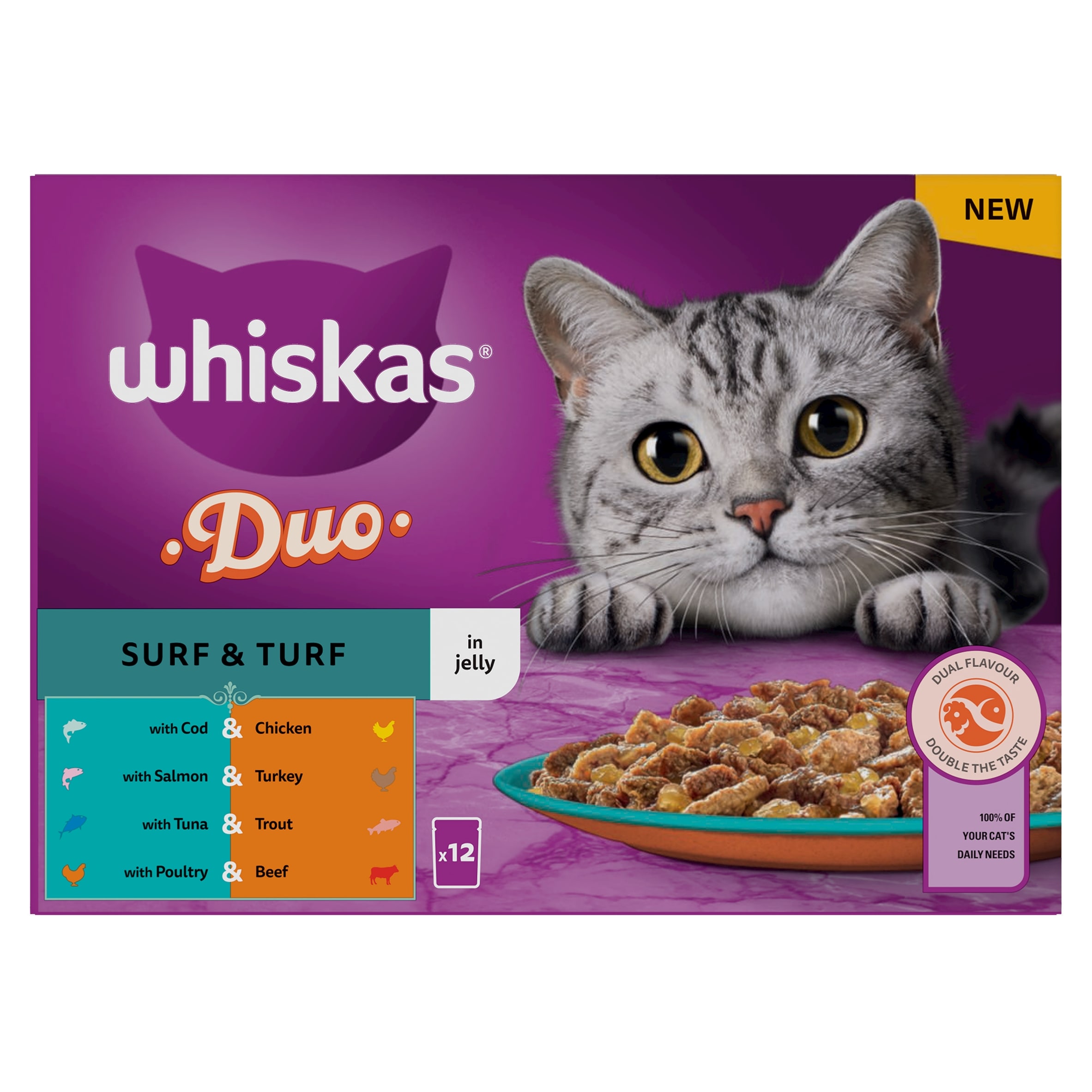 Whiskas 1+ DUO Surf & Turf Wet Cat Food Pouches in Jelly 12 x 85g