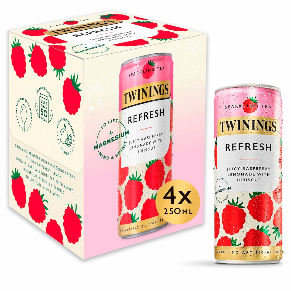 image 1 of Twinings Sparkling Tea refresh Juicy Raspberry Lemonade with Hibiscus 4x250ml