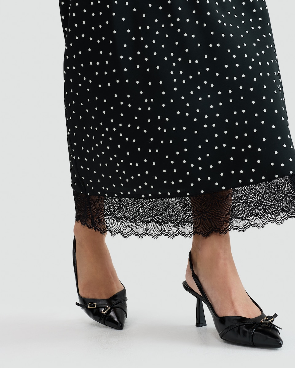 image 1 of F&F Lace Hem Polka Dot Midi Skirt in Multi Black