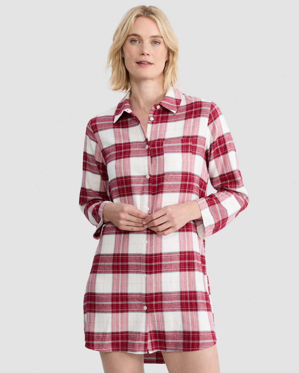 image 1 of F&F Check Print Longline Pyjama Shirt in Multi Red