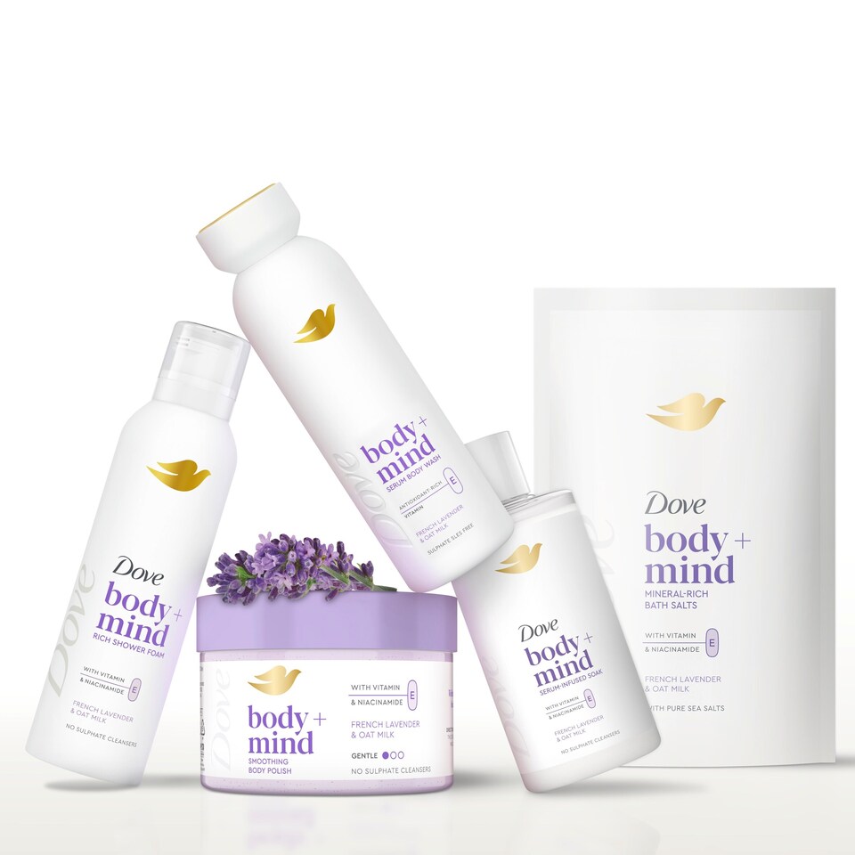 image 1 of Dove Body + Mind French Lavender & Oat Milk Bath Soak 400ml