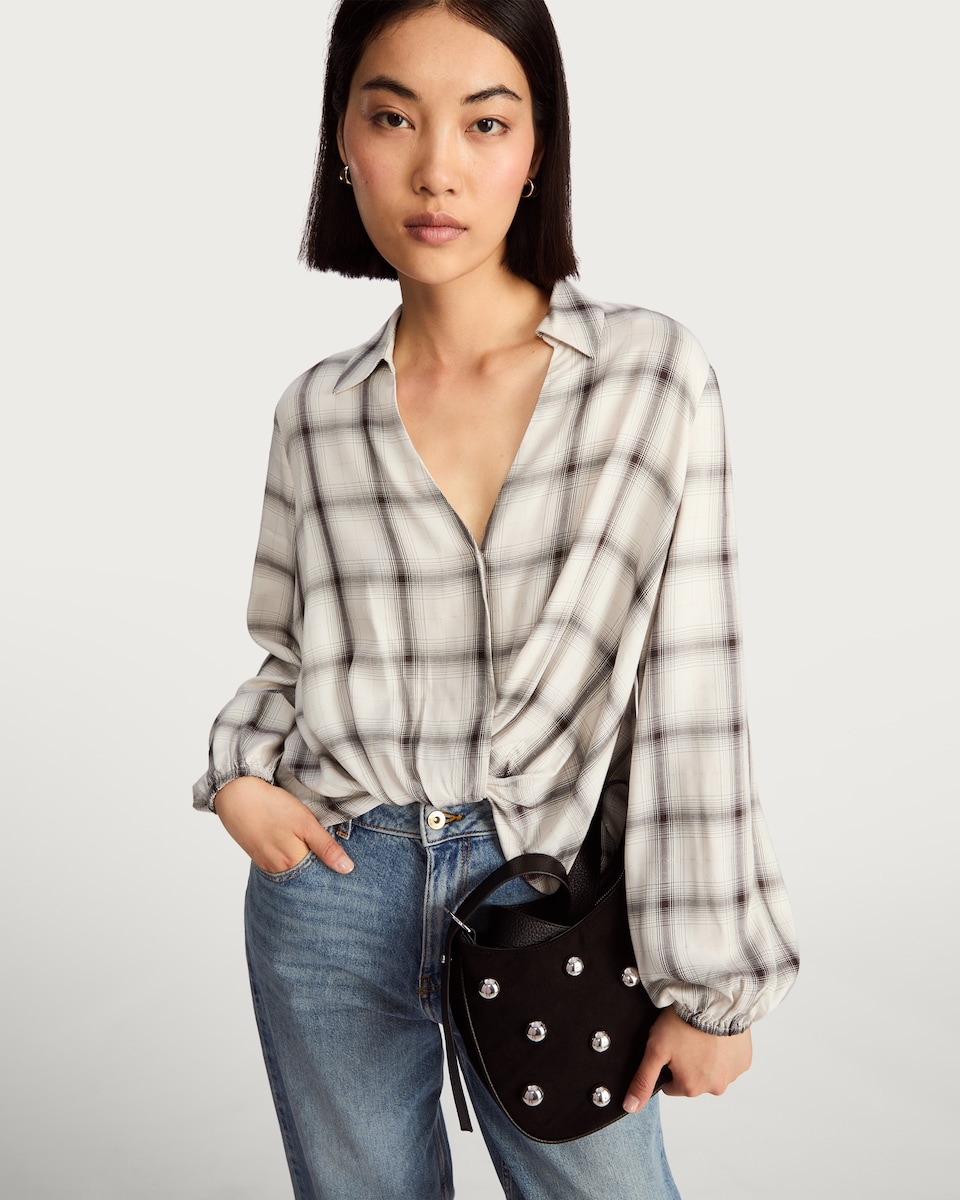 image 1 of F&F Twist Front Check Print Long Sleeved Shirt with Lurex in Cream