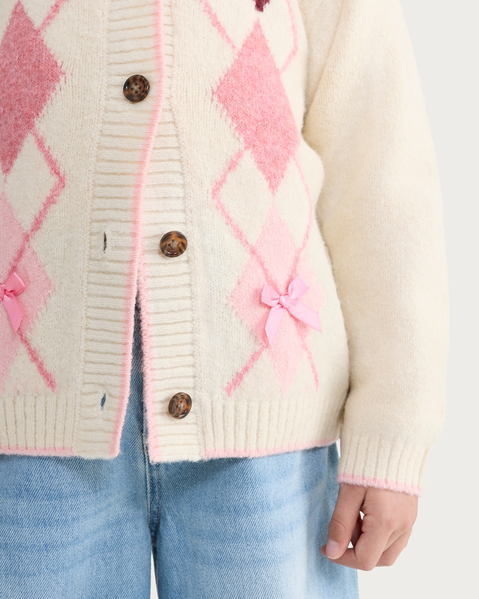 image 1 of F&F Girls Argyle Knitted Cardigan in Multi Pink