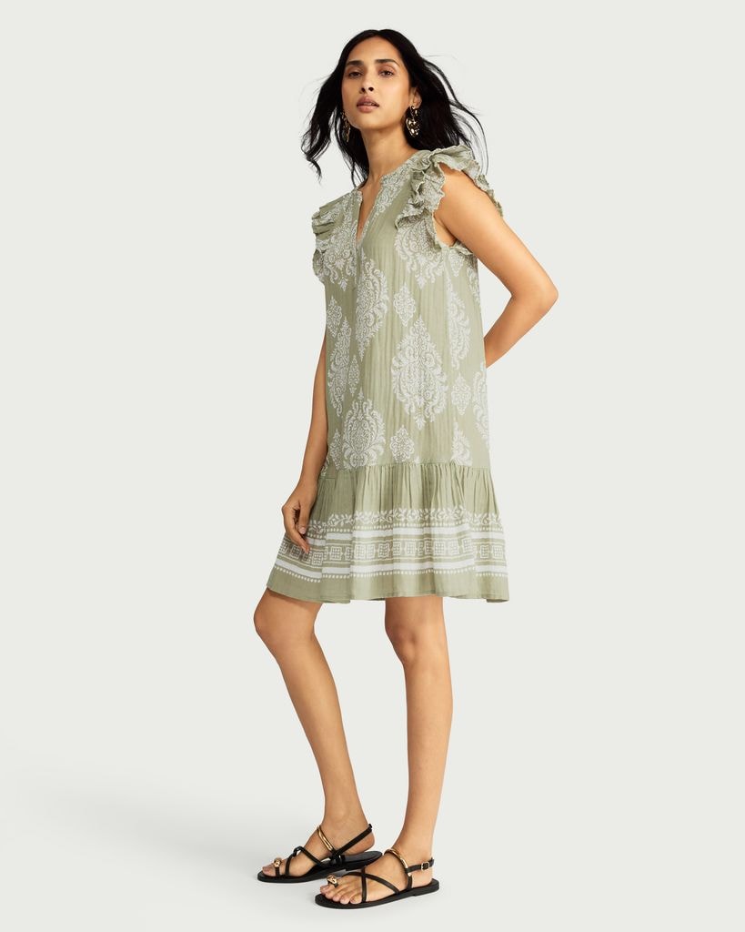 F&F Pure Cotton Geometric Print Ruffle Sleeved Dress in Green