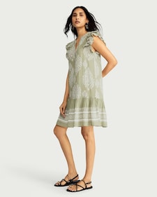F&F Pure Cotton Geometric Print Ruffle Sleeved Dress in Green