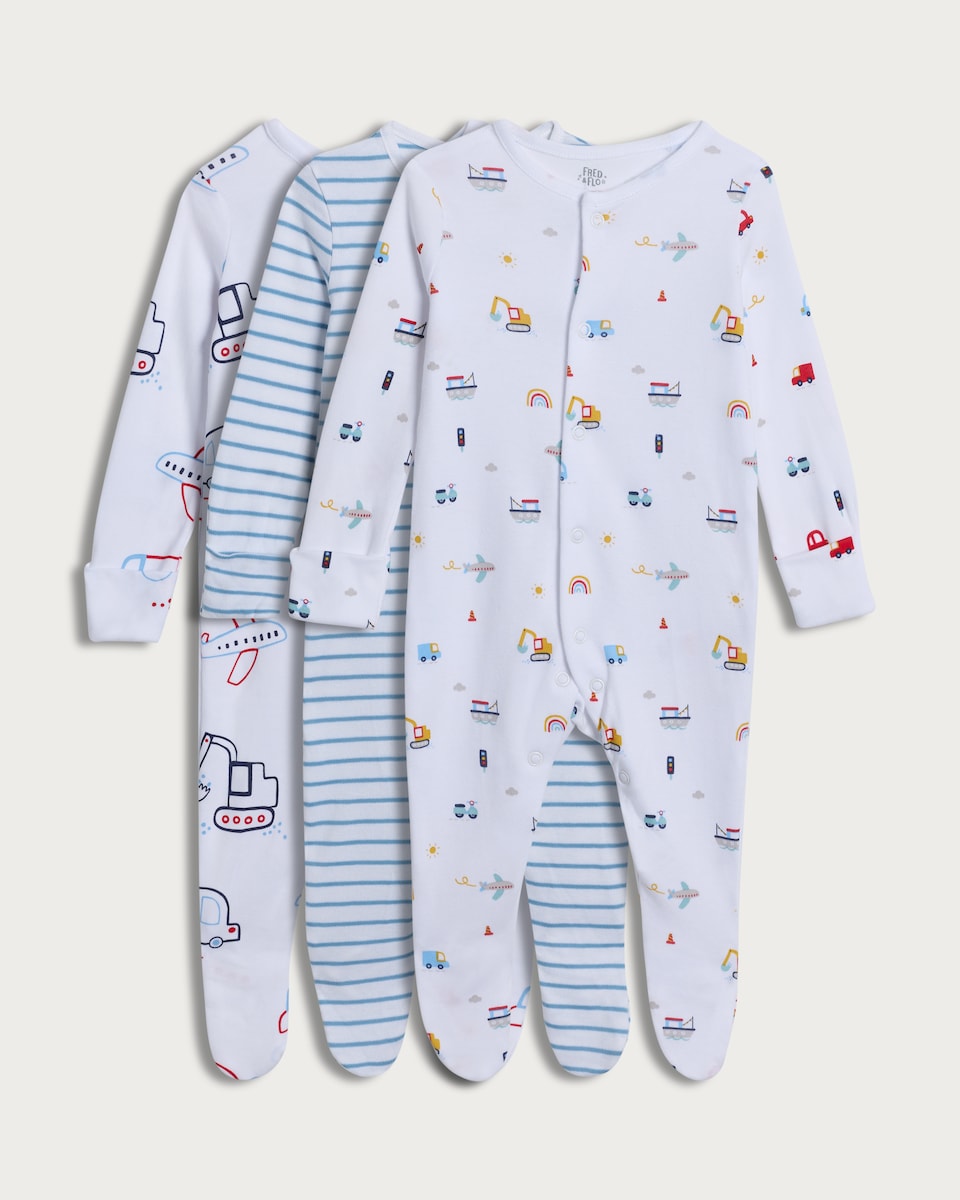 image 1 of F&F Baby 3-Pack Pure Cotton Transport Print Sleepsuits in White