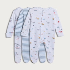 F&F Baby 3-Pack Pure Cotton Transport Print Sleepsuits in White