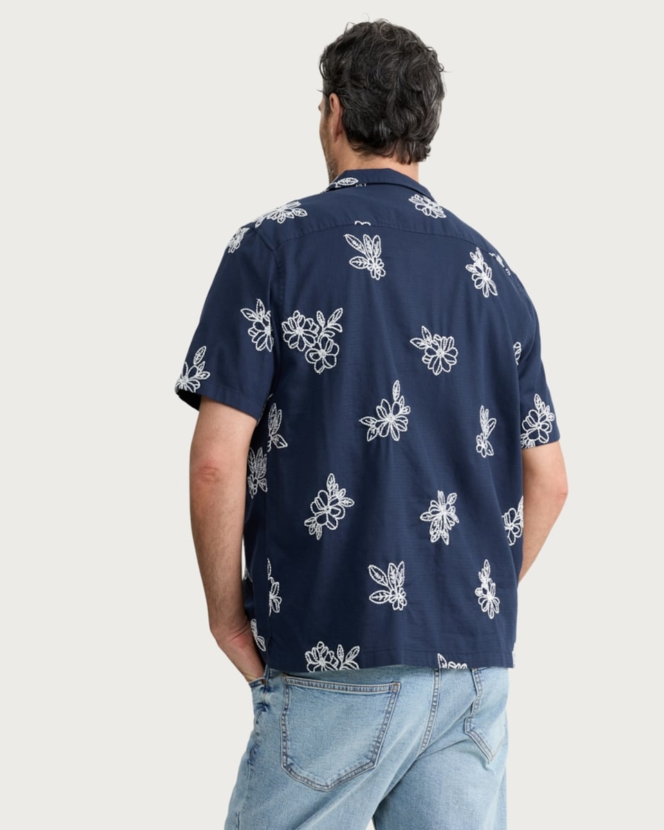 image 1 of The F&F Edit Cotton Rich Floral Embroidered Short Sleeved Shirt in Navy