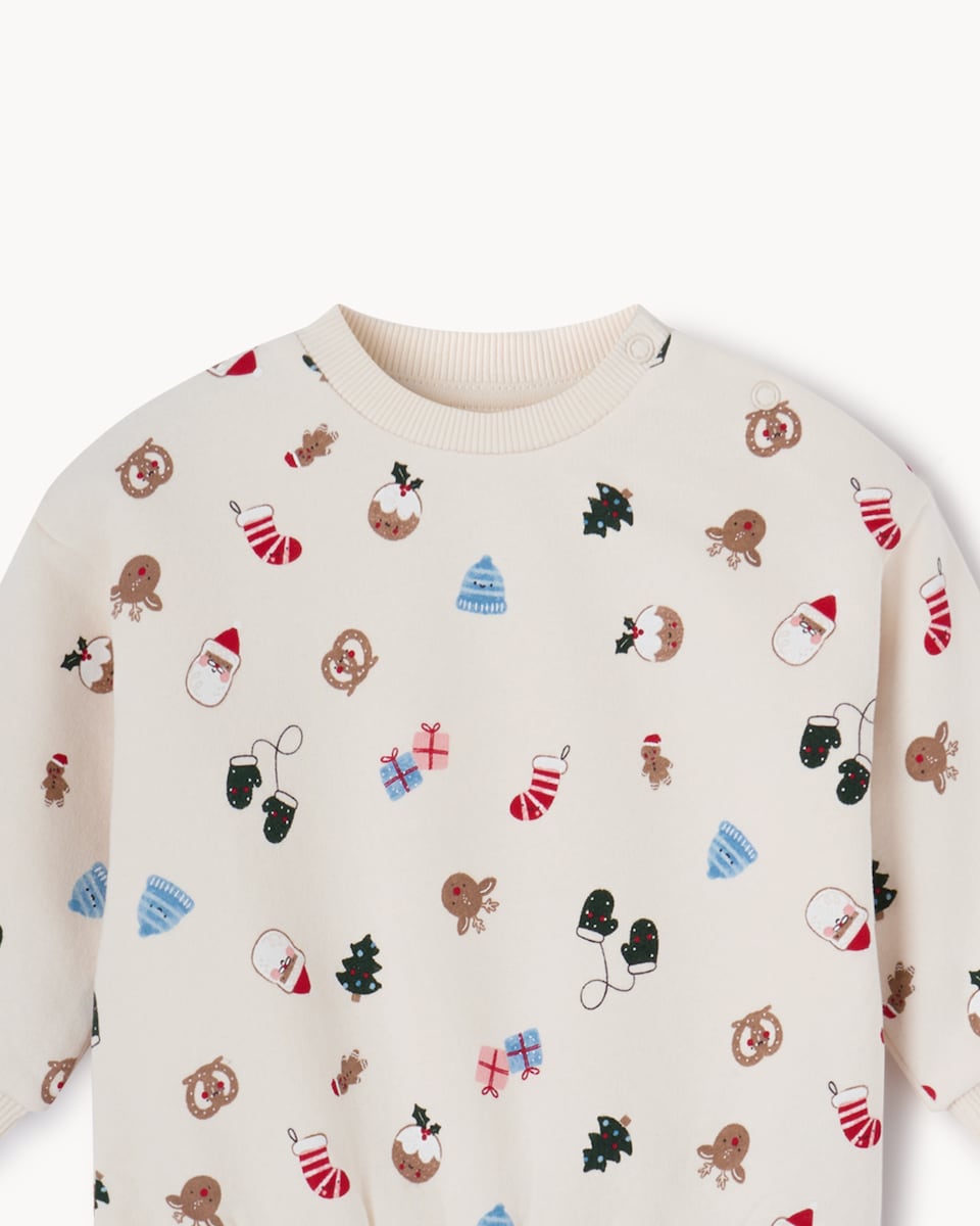 image 1 of Christmas Baby Cotton Rich Printed Sweatshirt and Joggers Set in Cream
