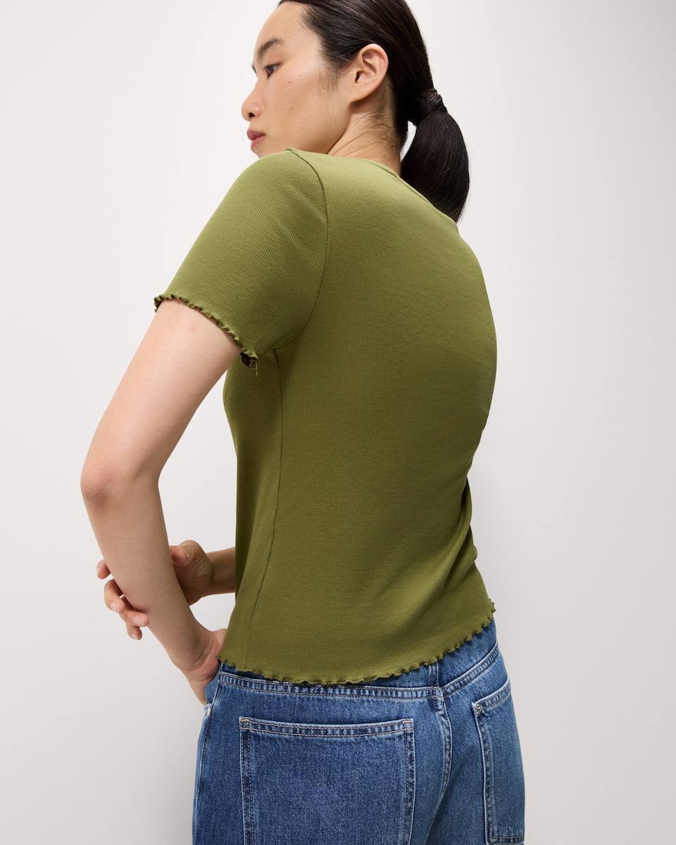 image 1 of F&F Cotton Rich Lettuce Hem T-Shirt in Olive