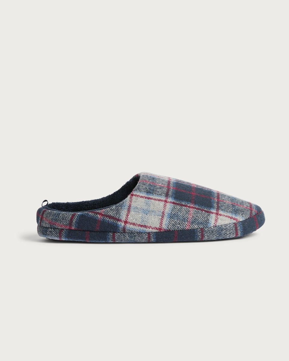 image 1 of F&F Fleece Lined Check Print Mule Slippers in Navy
