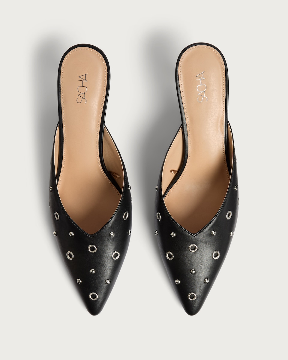 image 1 of SACHA Eyelet Detail Pointed Toe Heeled Mules in Black