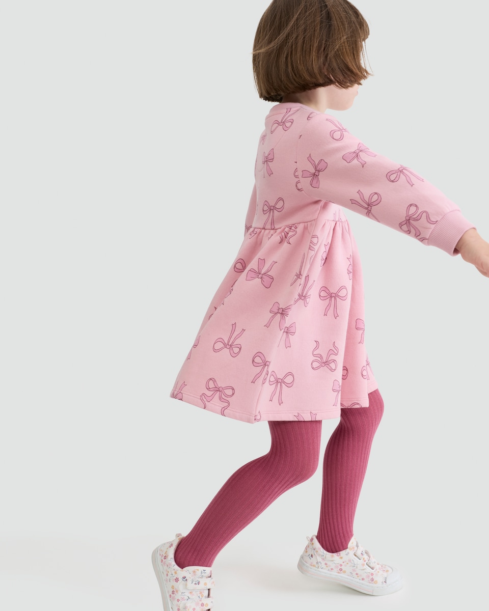 image 1 of F&F Girls Cotton Rich Bow Print Long Sleeved Sweater Dress in Pink
