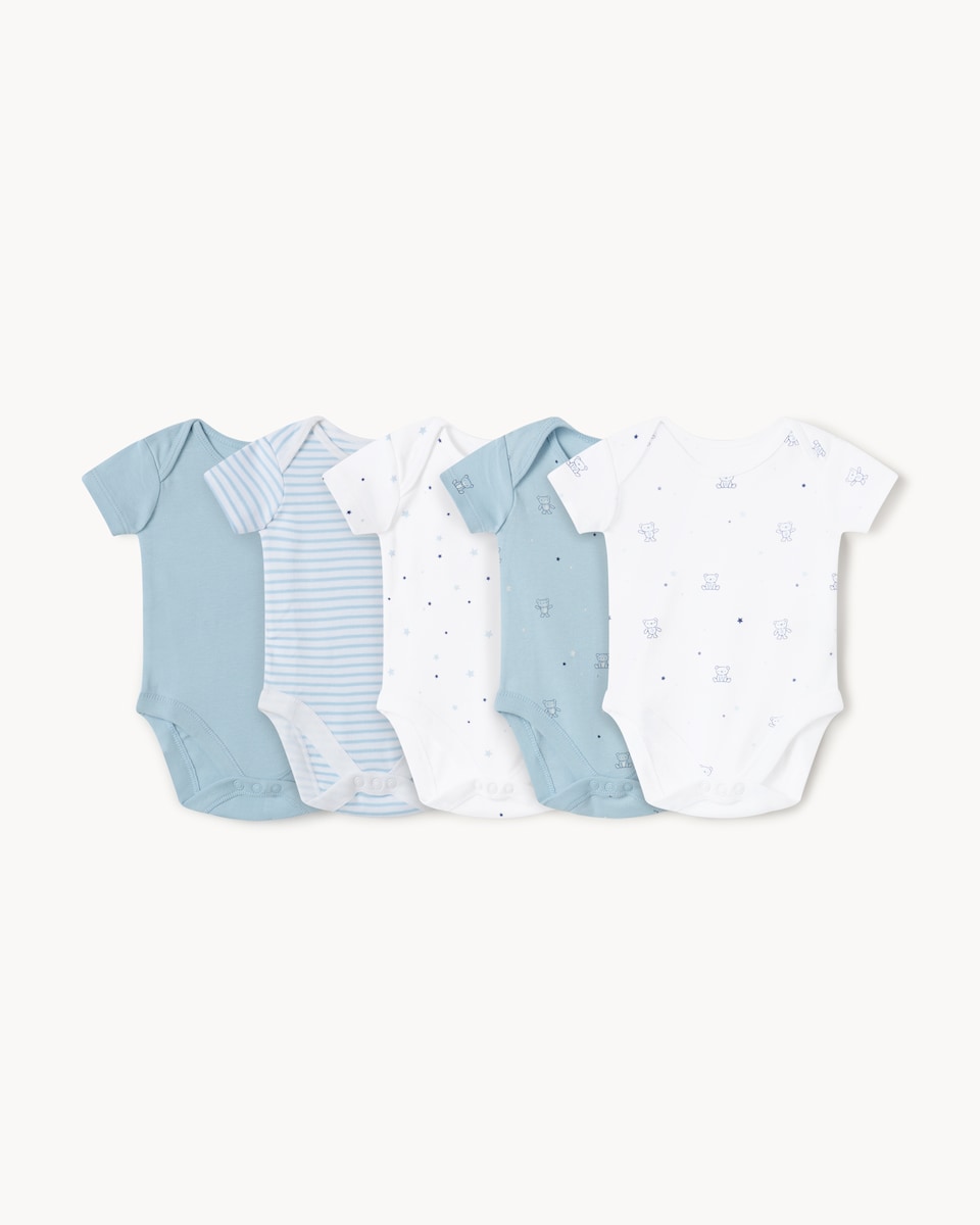 image 1 of F&F Baby 5-Pack Pure Cotton Printed Short Sleeved Bodysuits in Blue