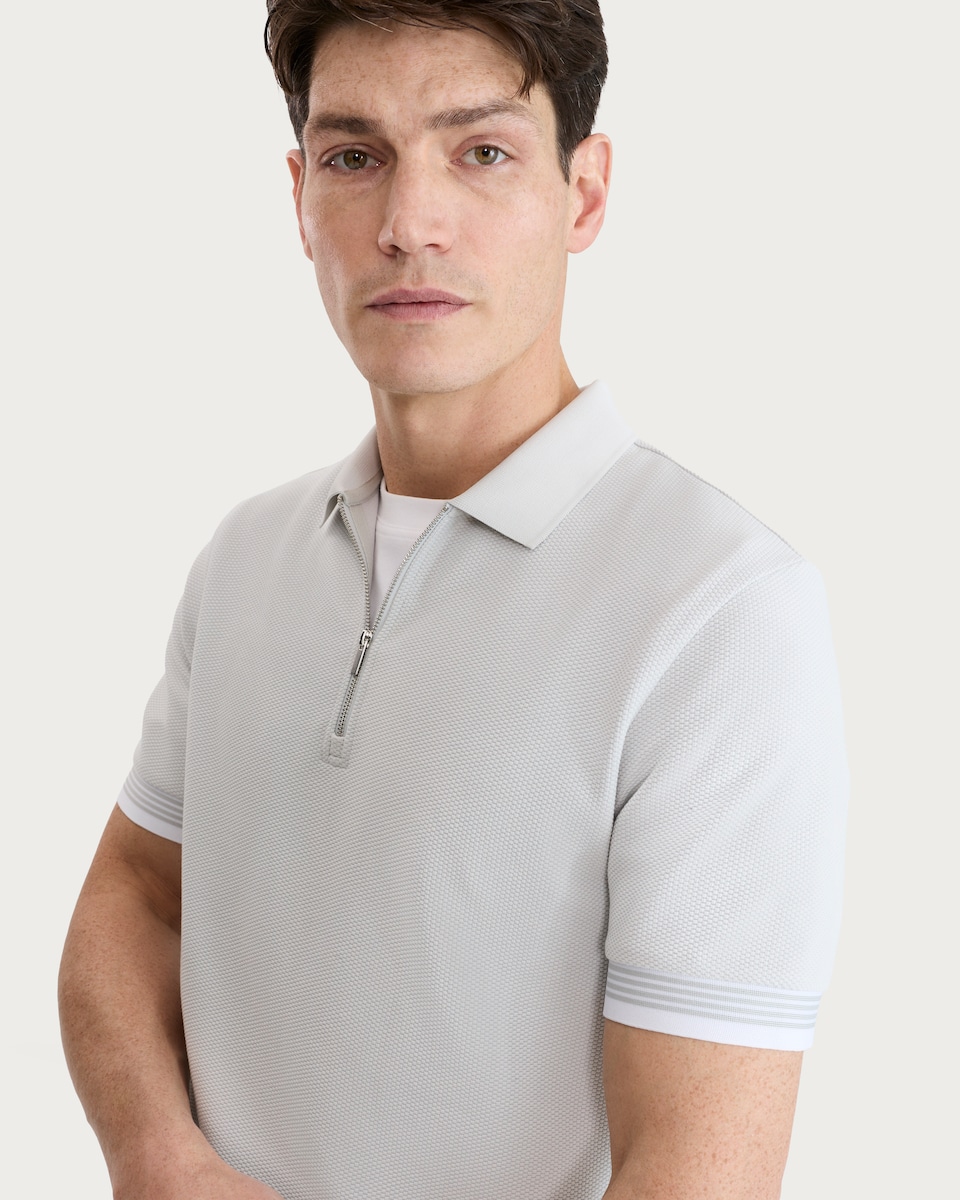 image 1 of F&F Textured Zip Neck Short Sleeved Polo Shirt in Grey