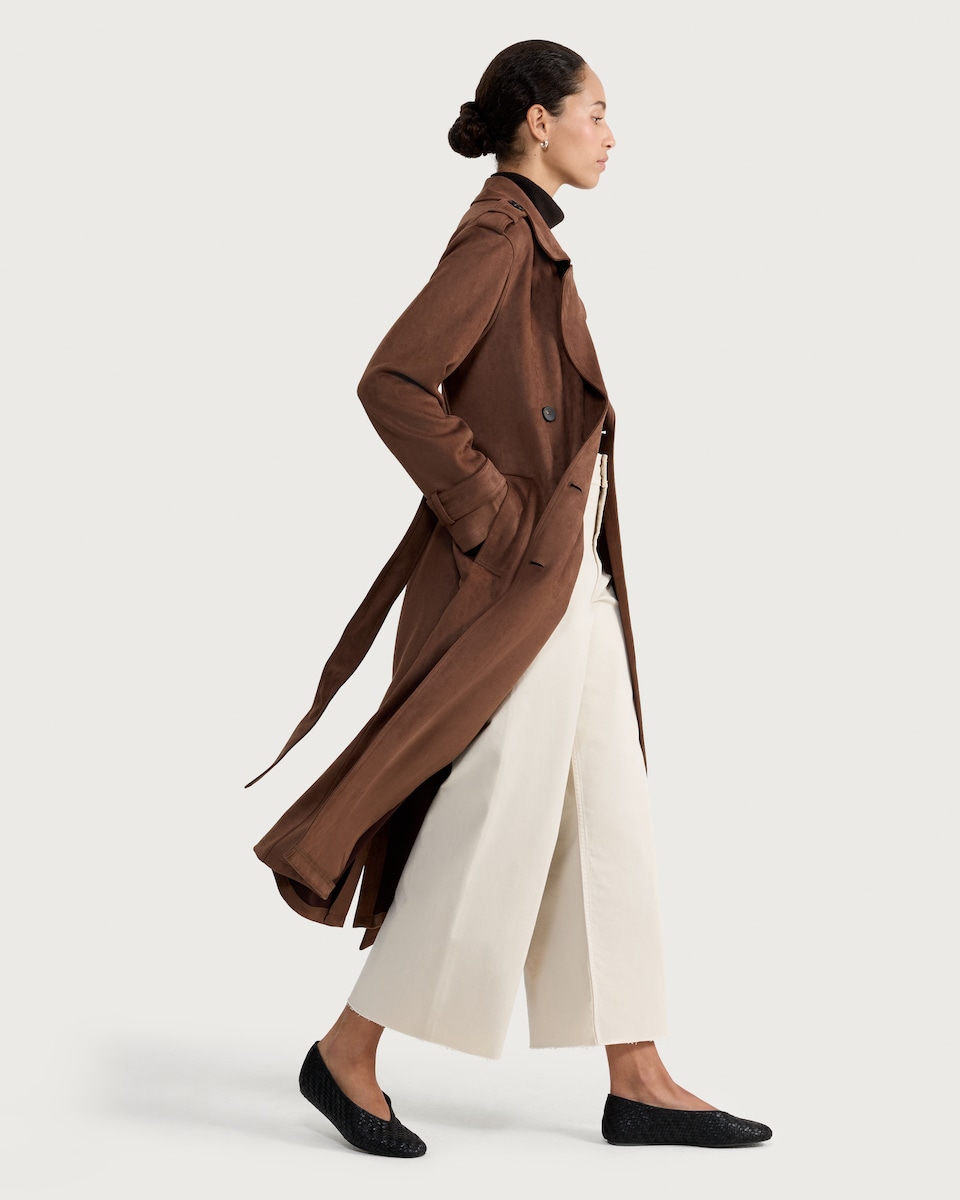 image 1 of F&F Faux Suede Double Breasted Longline Trench Coat in Brown