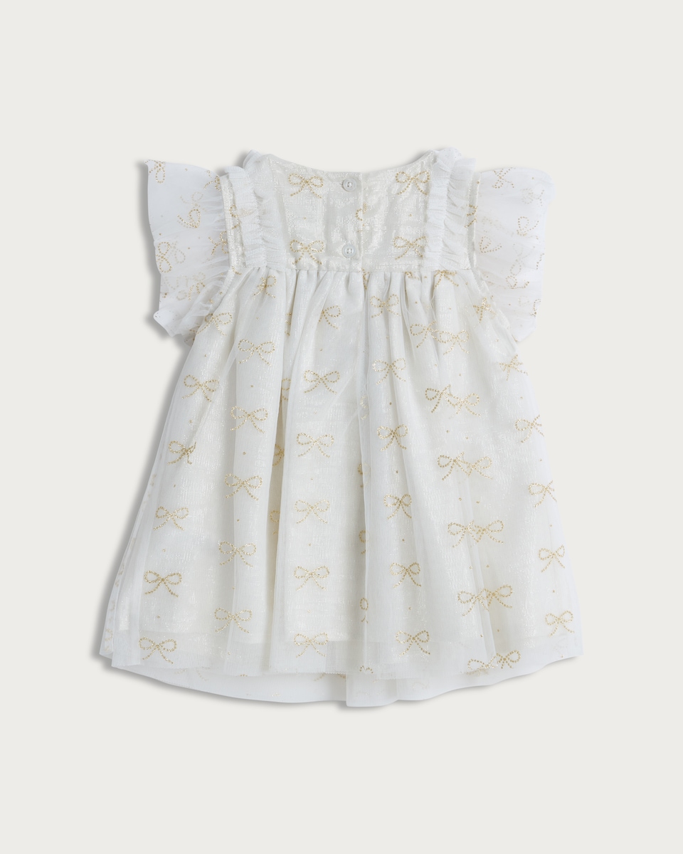 image 1 of F&F Baby Bow Print Frill Sleeve Dress in White