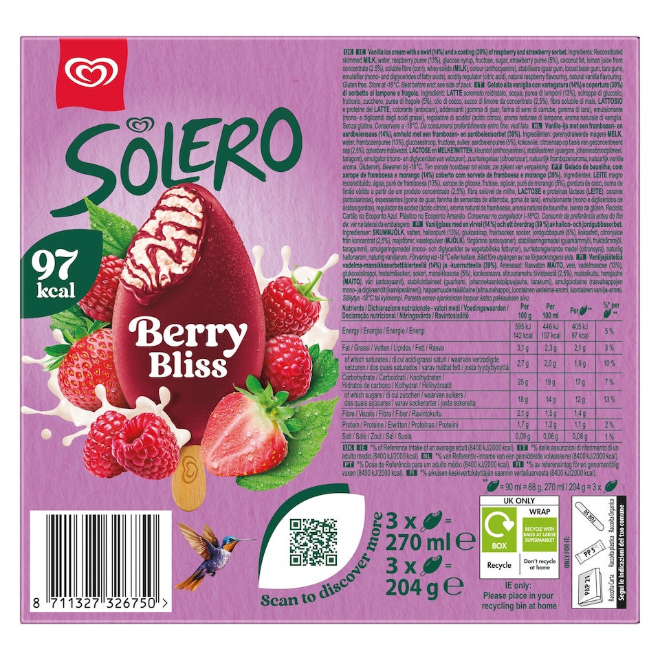 image 1 of Wall's Solero Red Berries Ice Cream Sticks 3x90ml