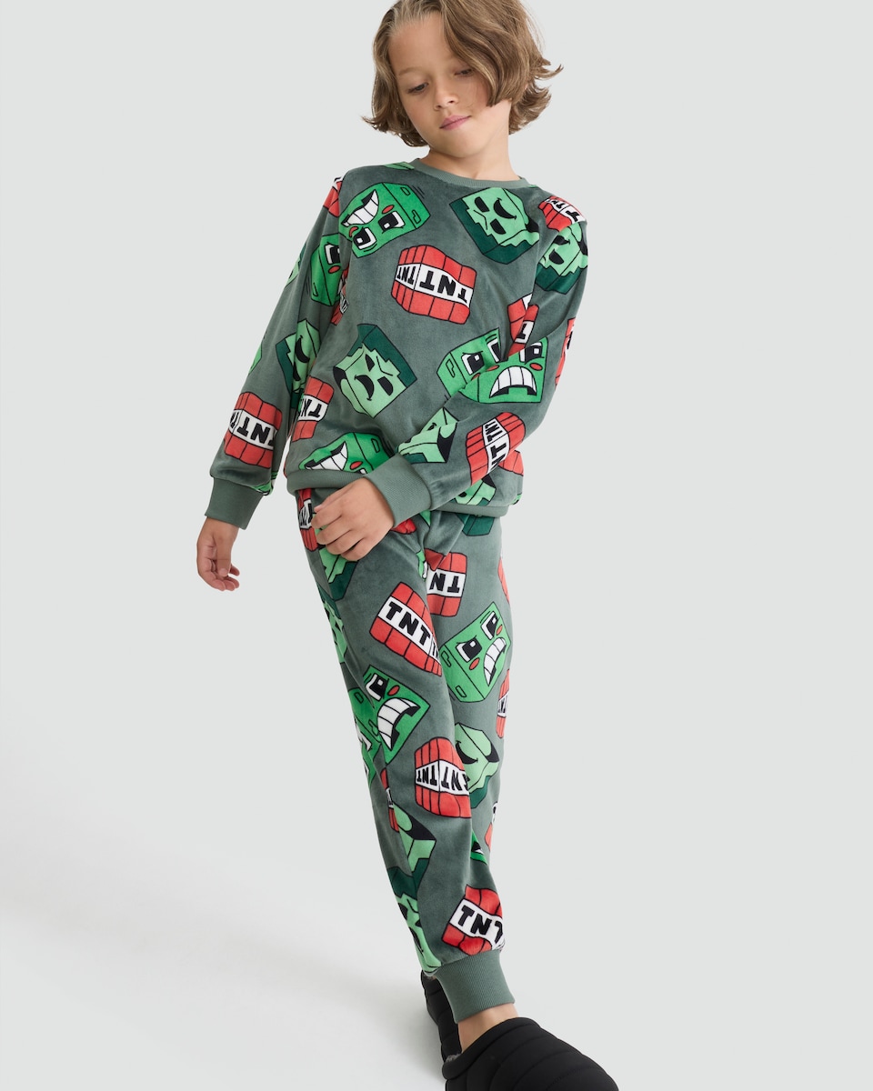 image 1 of Minecraft Minky Fleece Creeper and TNT Print Pyjamas in Green