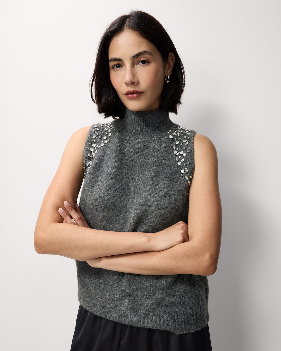 image 1 of F&F Diamanté High Neck Sleeveless Jumper with Wool in Grey