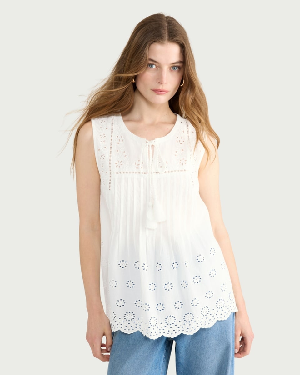 image 1 of F&F Pure Cotton Embroidered Sleeveless Top in White