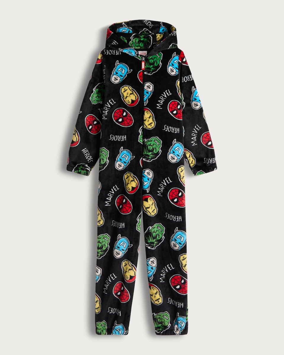 image 1 of Marvel Heroes Print Fleece Hooded Onesie in Black