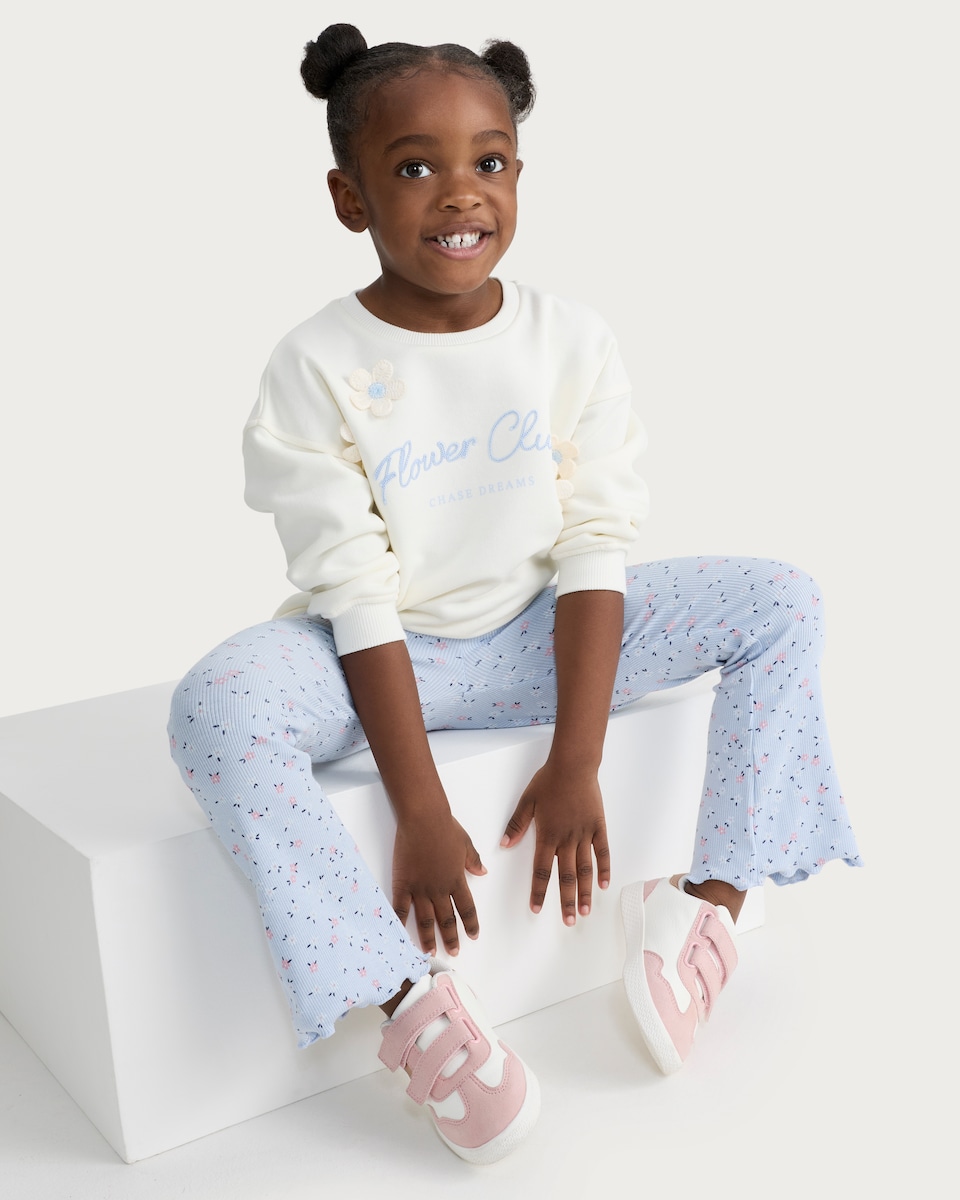 image 1 of F&F Girls 2-Piece Cotton Rich Flower Club Sweatshirt and Leggings Set in Multi Blue