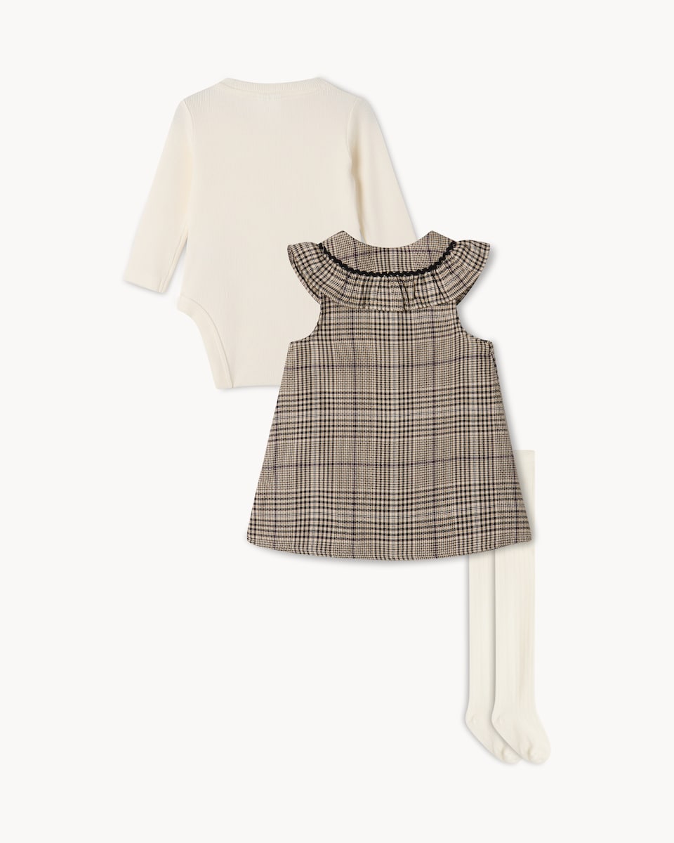 image 1 of F&F Baby Checked Dress, Bodysuit and Tights Set in Brown