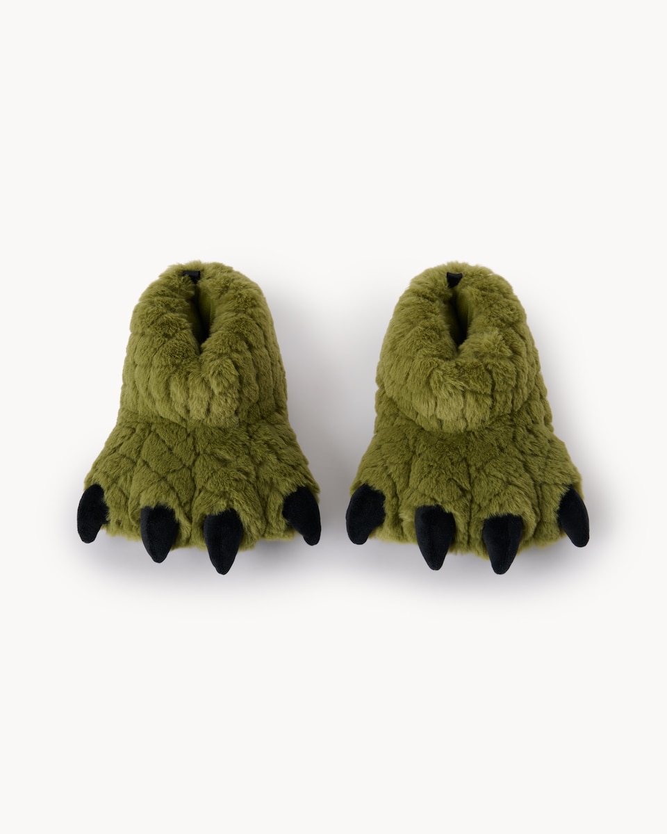 image 1 of F&F Boys Faux Fur Monster Claw Slippers in Green