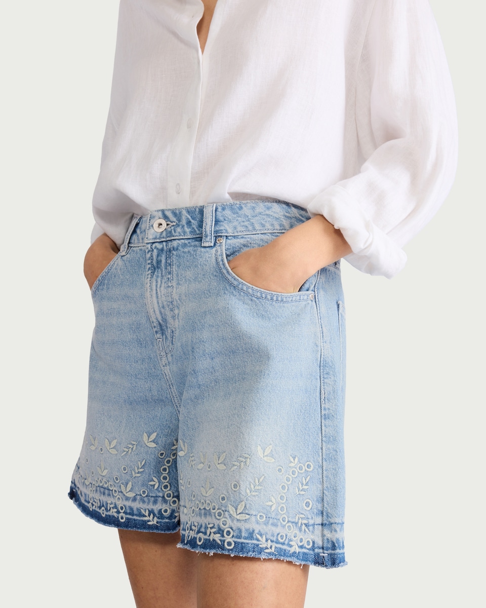 image 1 of F&F Pure Cotton Embroidered Denim Shorts in Blue