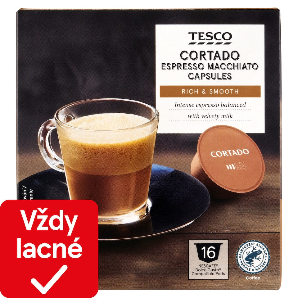 Tesco Cortado Espresso Macchiato instantná káva so sušeným plnotučným mliekom 16 x 6,3 g (100,8 g)